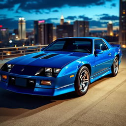 A sleek and sporty 1990 Dodge Camaro, displayed in a vibrant electric blue color that perfectly captures the modern design of the era