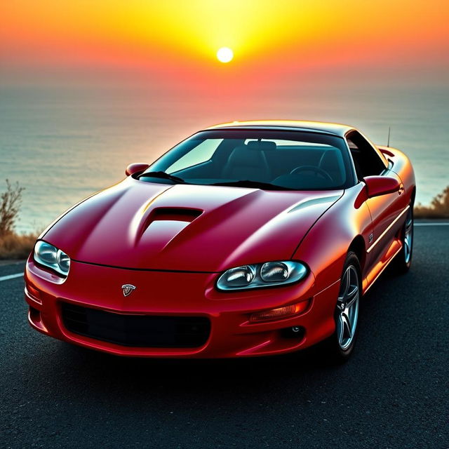 A stunning 2000 Dodge Camaro, displayed in a bold red color that highlights its sporty and aggressive appearance