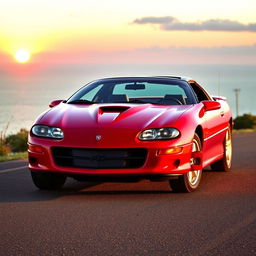 A stunning 2000 Dodge Camaro, displayed in a bold red color that highlights its sporty and aggressive appearance