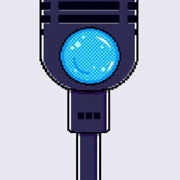 A pixel art representation of a black microphone featuring a blue pop filter near the microphone's neck