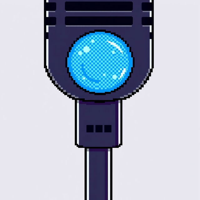 A pixel art representation of a black microphone featuring a blue pop filter near the microphone's neck