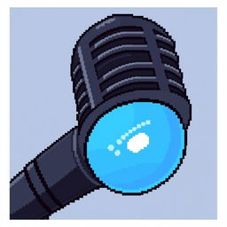 A pixel art representation of a black microphone featuring a blue pop filter near the microphone's neck