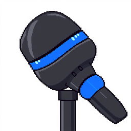 A pixel art representation of a black microphone featuring a blue pop filter near the microphone's neck