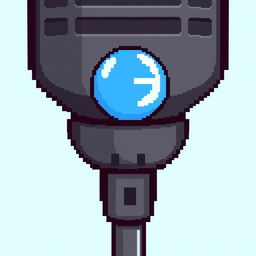 A pixel art representation of a black microphone featuring a blue pop filter near the microphone's neck