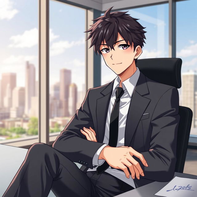 A male city elite character sitting confidently at a sleek desk, wearing a stylish suit and exhibiting a charming smirk