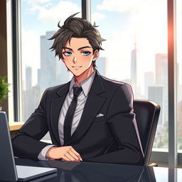 A male city elite character sitting confidently at a sleek desk, wearing a stylish suit and exhibiting a charming smirk