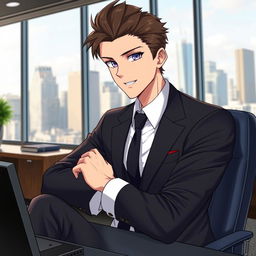 A male city elite character sitting confidently at a sleek desk, wearing a stylish suit and exhibiting a charming smirk