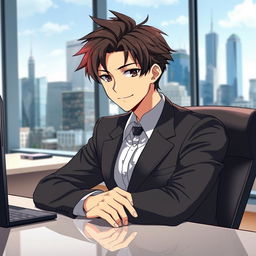 A male city elite character sitting confidently at a sleek desk, wearing a stylish suit and exhibiting a charming smirk