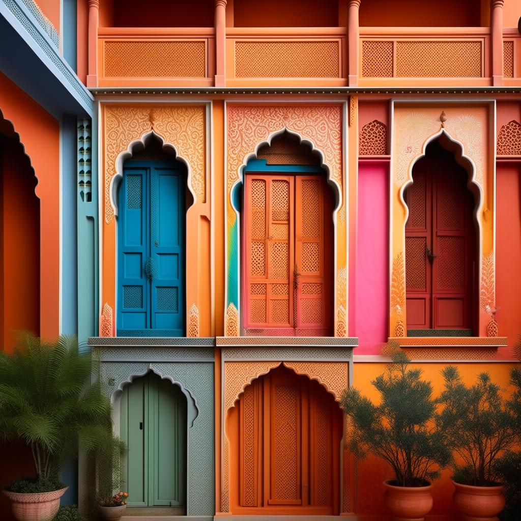 Generate an image of an Indian house exterior showcasing vibrant colors on the walls. Include intricate patterns and unique architectural elements specific to Indian culture.