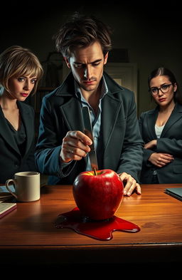 In a dimly lit, atmospheric detective's office, a male detective with tousled dark hair is examining a starkly red apple with a knife plunged into it, blood spilling from the wound onto the wooden desk