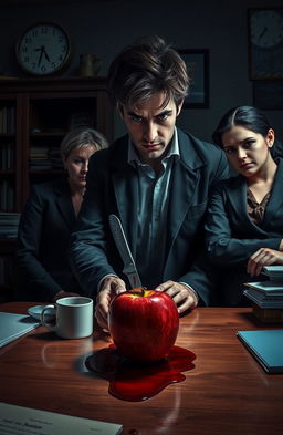 In a dimly lit, atmospheric detective's office, a male detective with tousled dark hair is examining a starkly red apple with a knife plunged into it, blood spilling from the wound onto the wooden desk