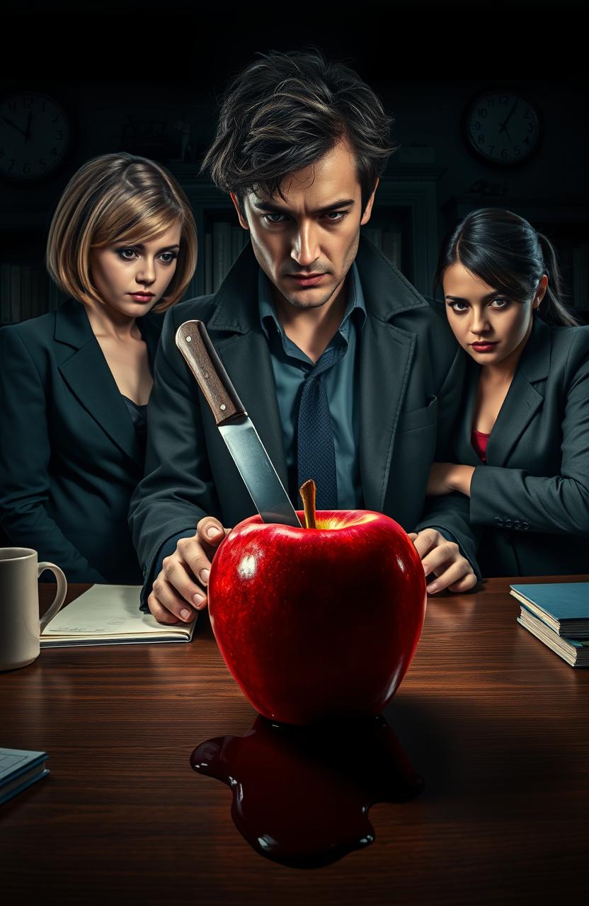 In a dimly lit, atmospheric detective's office, a male detective with tousled dark hair is examining a starkly red apple with a knife plunged into it, blood spilling from the wound onto the wooden desk