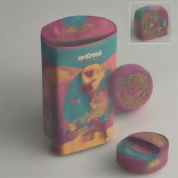 Create an exotic and vividly colorful custom packaging for a marijuana strain called 'Eye Candy'