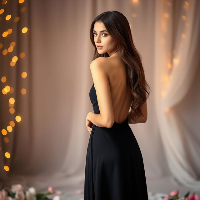 A young, beautiful woman wearing an elegant black backless long dress, standing gracefully in a soft, romantic setting