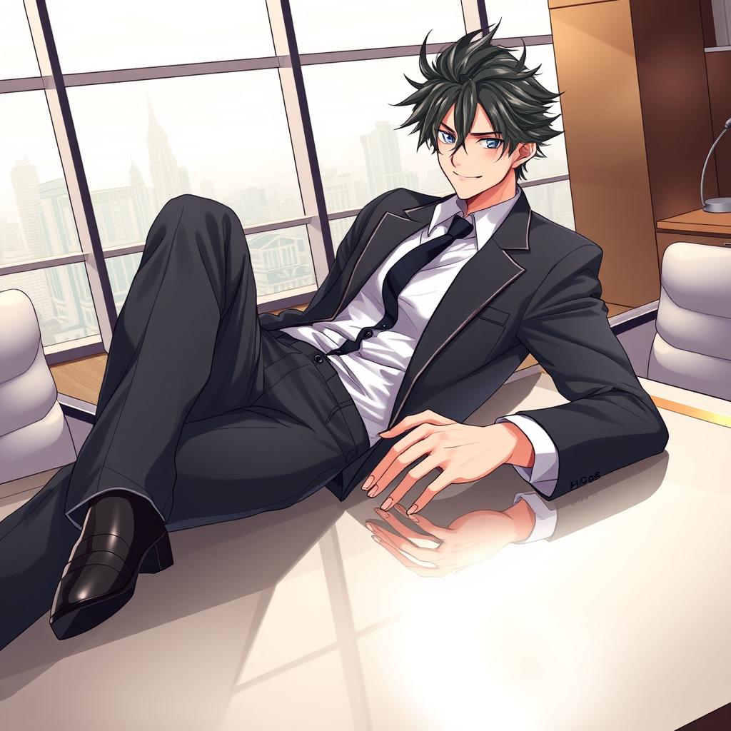 A male city elite character lounging casually on a polished desk table, exuding confidence with a playful smirk