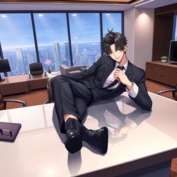 A male city elite character lounging casually on a polished desk table, exuding confidence with a playful smirk