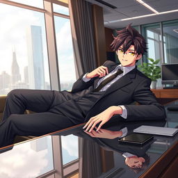 A male city elite character lounging casually on a polished desk table, exuding confidence with a playful smirk