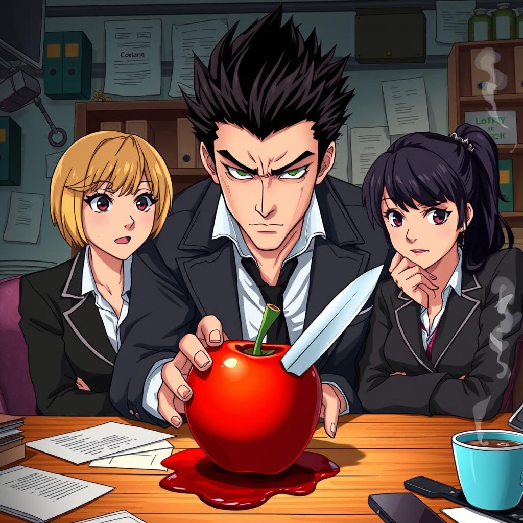 In an anime-style detective scene, a male detective with spiky dark hair is intensely examining a vividly red apple with a knife embedded in it, blood dripping onto a cluttered wooden desk