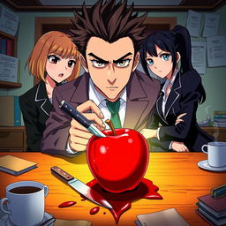 In an anime-style detective scene, a male detective with spiky dark hair is intensely examining a vividly red apple with a knife embedded in it, blood dripping onto a cluttered wooden desk