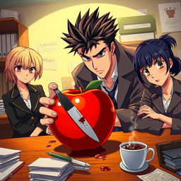 In an anime-style detective scene, a male detective with spiky dark hair is intensely examining a vividly red apple with a knife embedded in it, blood dripping onto a cluttered wooden desk