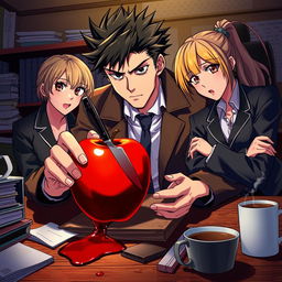 In an anime-style detective scene, a male detective with spiky dark hair is intensely examining a vividly red apple with a knife embedded in it, blood dripping onto a cluttered wooden desk