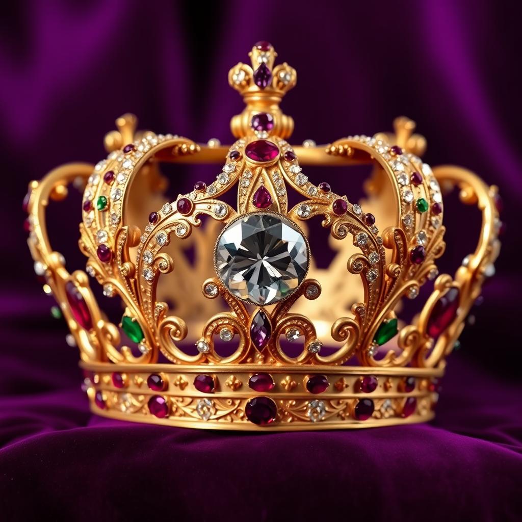 A shiny, ornate crown embellished with sparkling jewels, set against a deep royal purple velvet background