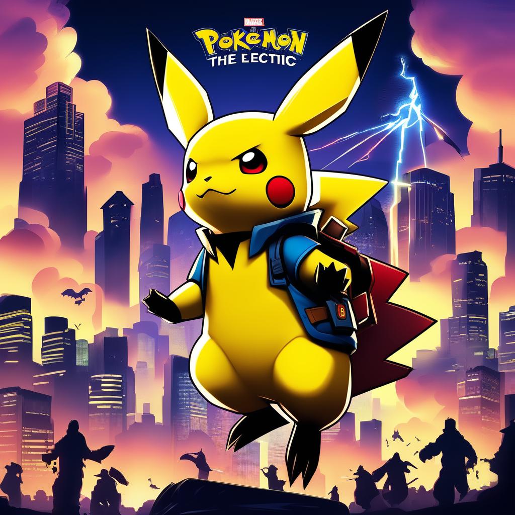 A Marvel-style movie poster featuring Pikachu as 'The Electric Avenger', set against a twilight cityscape with silhouettes of other Pokémon characters