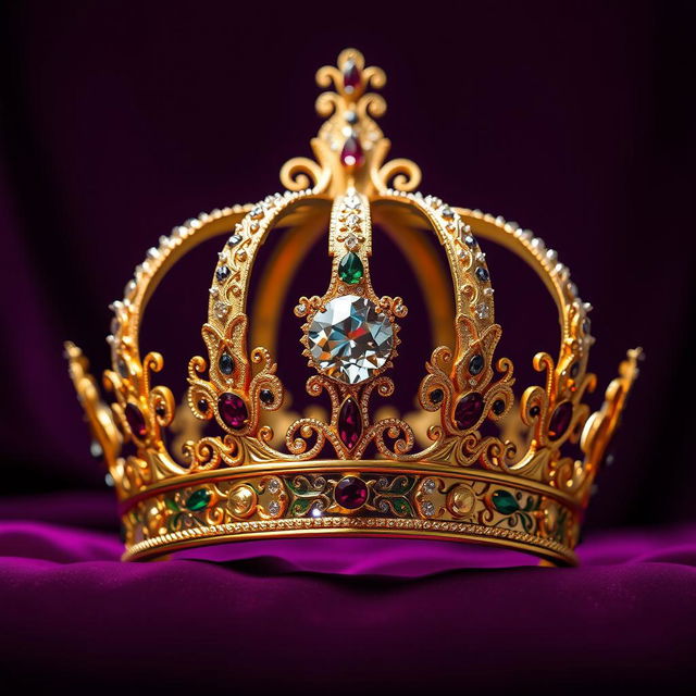 A shiny, ornate crown embellished with sparkling jewels, set against a deep royal purple velvet background