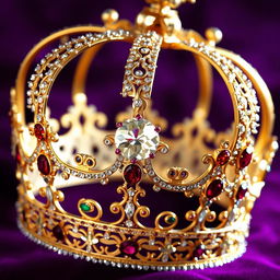 A shiny, ornate crown embellished with sparkling jewels, set against a deep royal purple velvet background