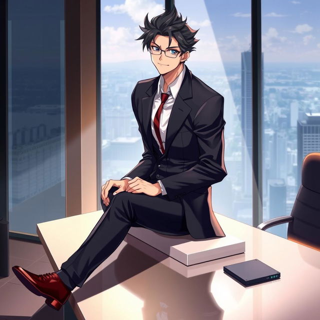 A male city elite character sitting confidently on a sleek desk table, displaying a charismatic smirk