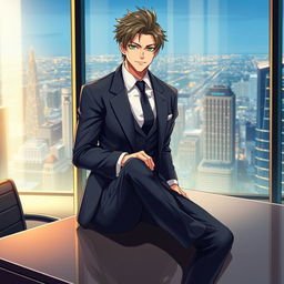 A male city elite character sitting confidently on a sleek desk table, displaying a charismatic smirk