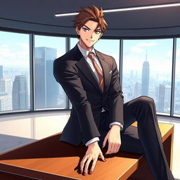 A male city elite character sitting confidently on a sleek desk table, displaying a charismatic smirk