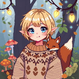 A pixel art style avatar featuring a goblincore girl with a charming fox by her side