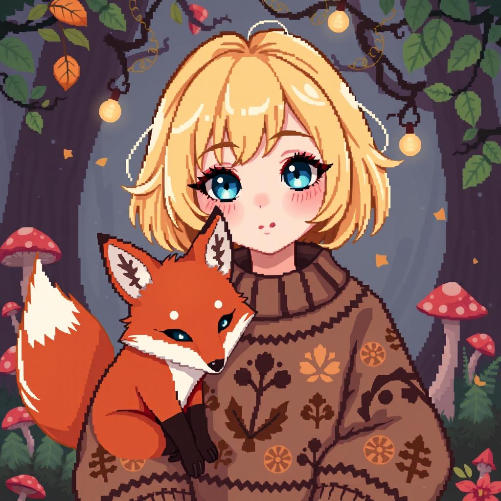 A pixel art style avatar featuring a goblincore girl with a charming fox by her side