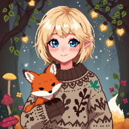 A pixel art style avatar featuring a goblincore girl with a charming fox by her side
