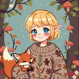 A pixel art style avatar featuring a goblincore girl with a charming fox by her side