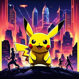 A Marvel-style movie poster featuring Pikachu as 'The Electric Avenger', set against a twilight cityscape with silhouettes of other Pokémon characters