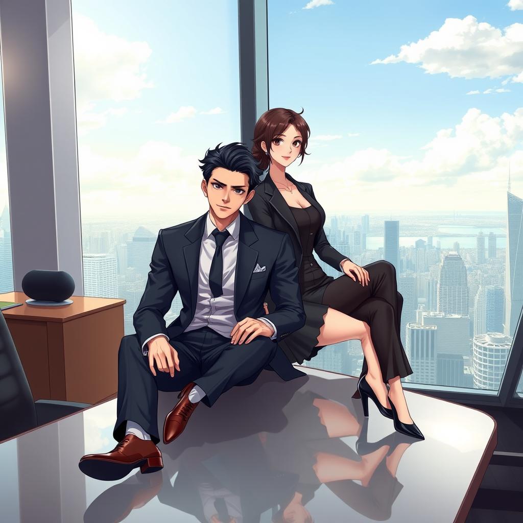 A male city elite character sitting on a sleek desk table alongside a distinguished female counterpart