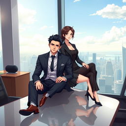 A male city elite character sitting on a sleek desk table alongside a distinguished female counterpart