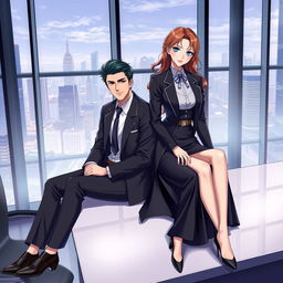 A male city elite character sitting on a sleek desk table alongside a distinguished female counterpart