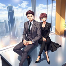 A male city elite character sitting on a sleek desk table alongside a distinguished female counterpart