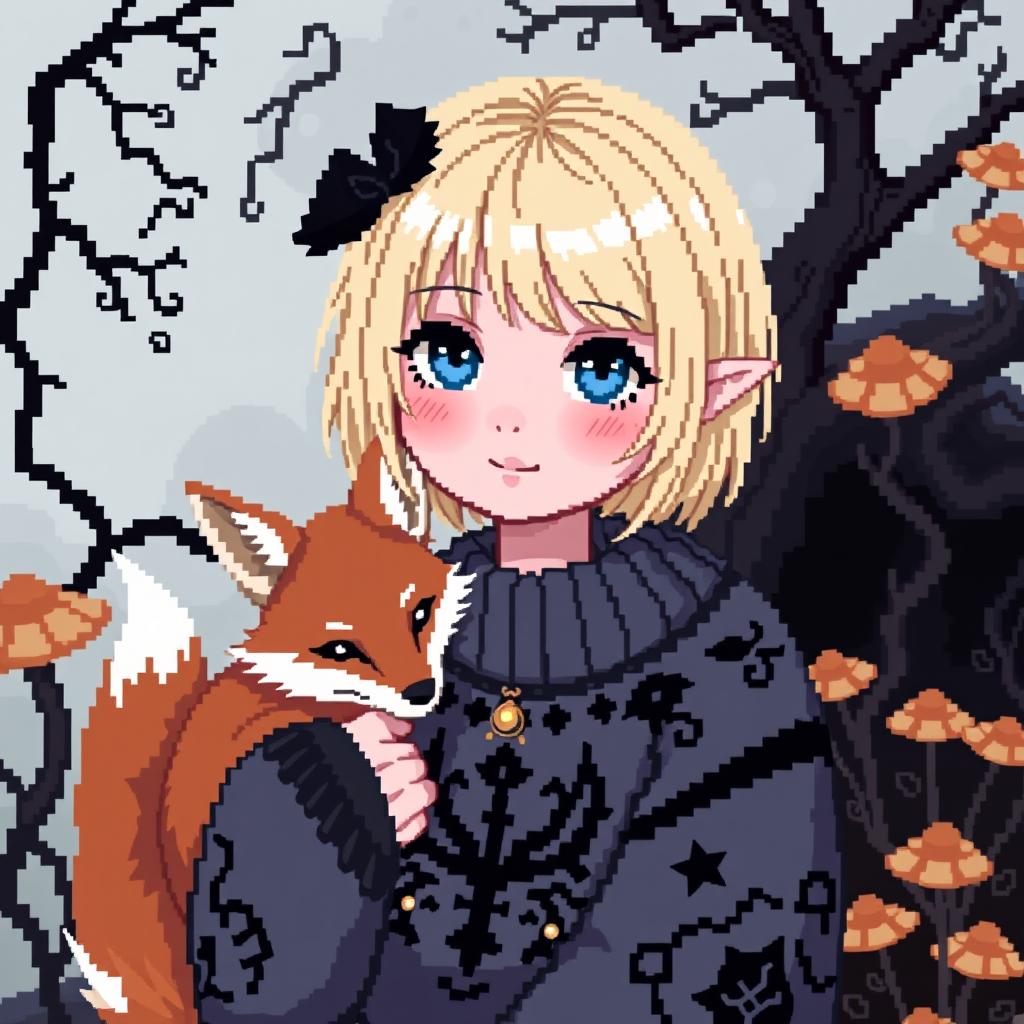 A pixel art style avatar depicting a goblincore goth girl with a charming fox companion