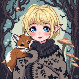 A pixel art style avatar depicting a goblincore goth girl with a charming fox companion