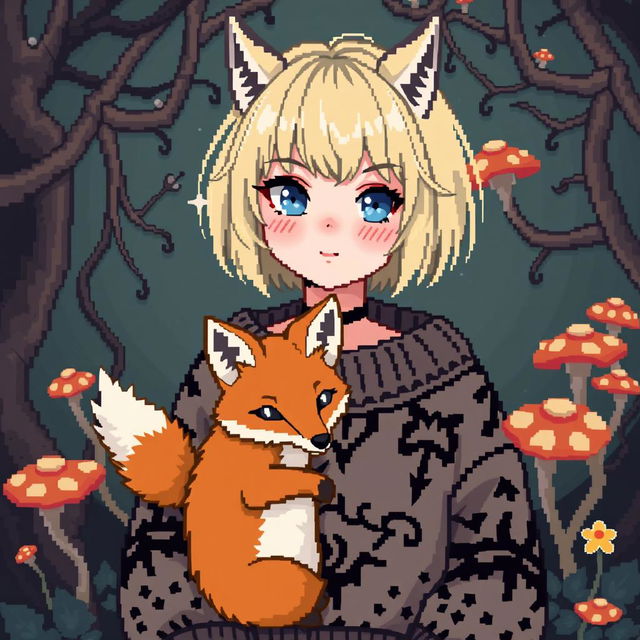 A pixel art style avatar depicting a goblincore goth girl with a charming fox companion