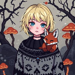 A pixel art style avatar depicting a goblincore goth girl with a charming fox companion