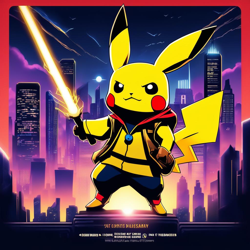 A Marvel-style movie poster featuring Pikachu as 'The Electric Avenger', set against a twilight cityscape with silhouettes of other Pokémon characters