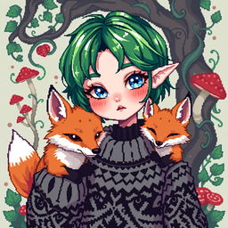 A pixel art style avatar featuring a goblincore goth girl with vibrant green short hair and striking blue eyes, complemented by charming rosy pink cheeks