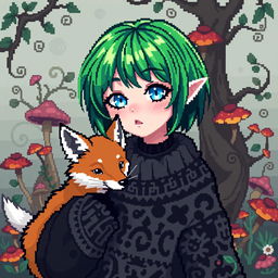 A pixel art style avatar featuring a goblincore goth girl with vibrant green short hair and striking blue eyes, complemented by charming rosy pink cheeks