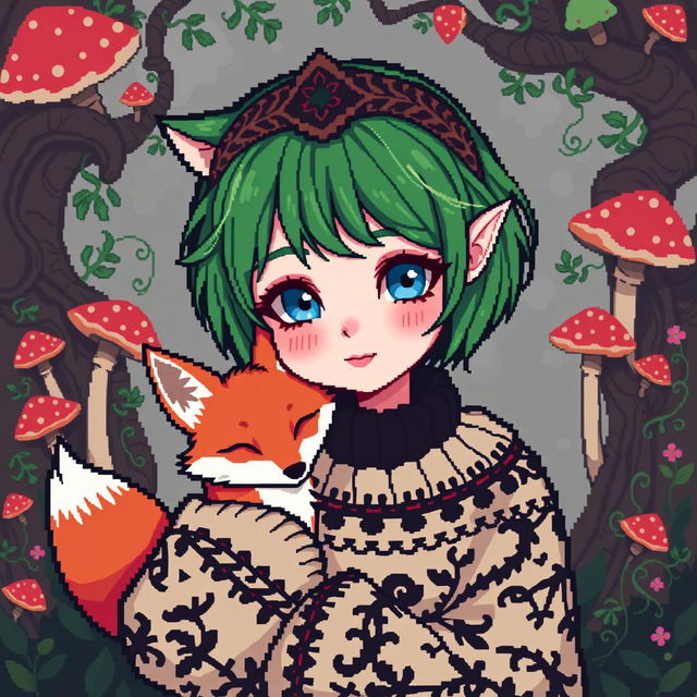 A pixel art style avatar featuring a goblincore goth girl with vibrant green short hair and striking blue eyes, complemented by charming rosy pink cheeks