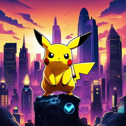 A Marvel-style movie poster featuring Pikachu as 'The Electric Avenger', set against a twilight cityscape with silhouettes of other Pokémon characters